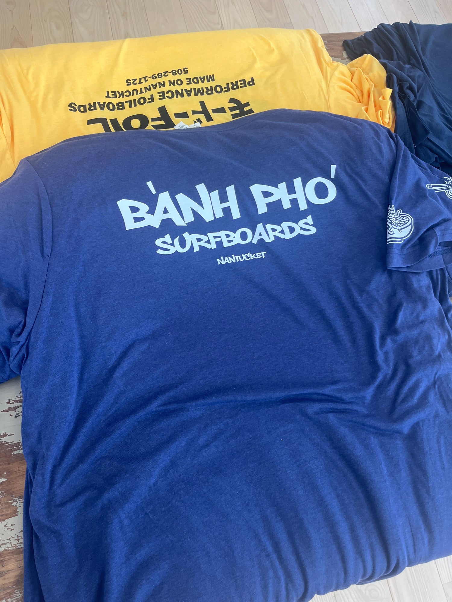 Banh Pho Surfboards blue text-logo tee, Nantucket surf brand
