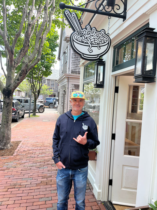 Banh Pho Surfboards full-zip hoodie, made on Nantucket